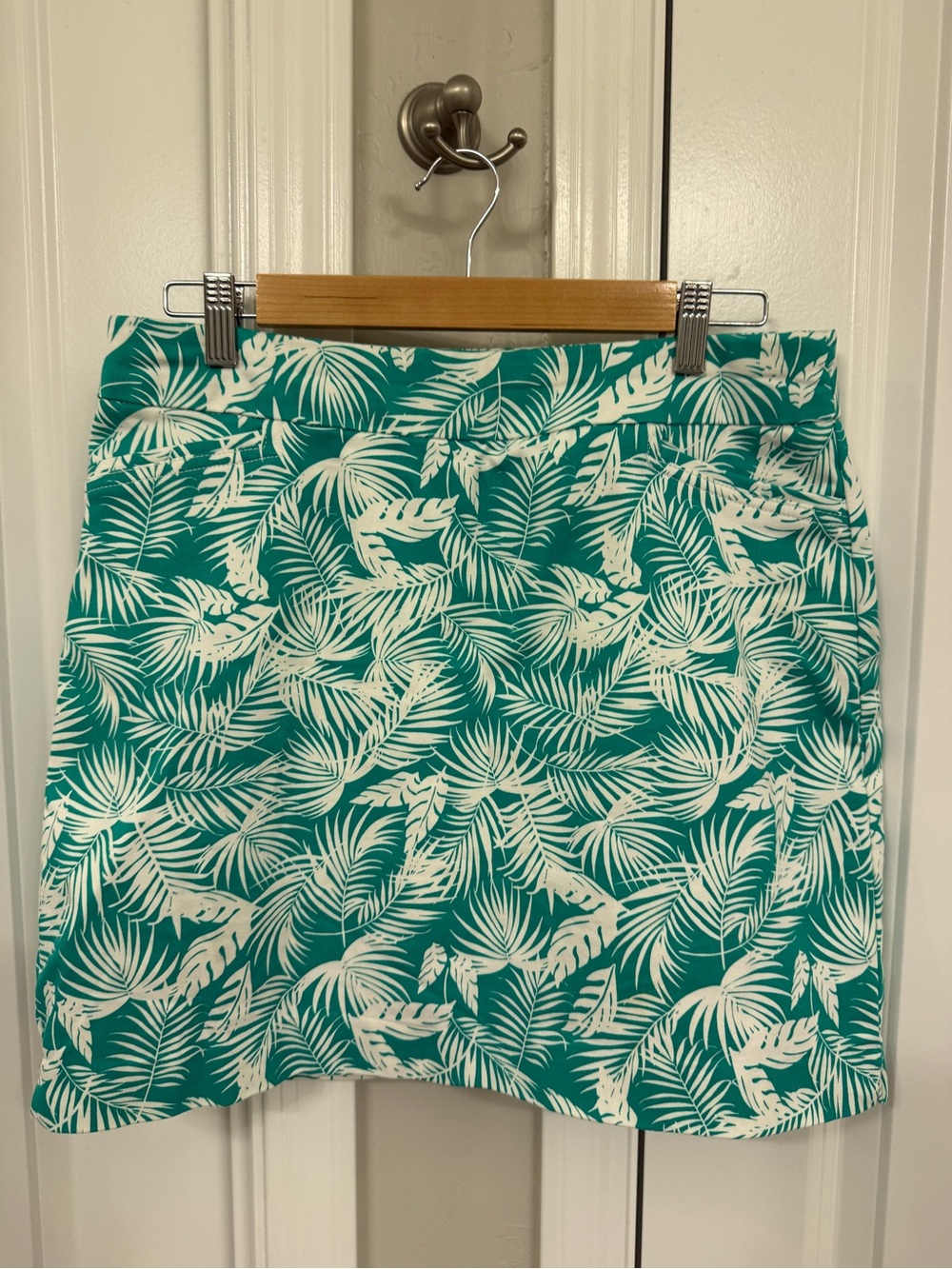 Teal Tropical Leaf Mini Skirt (with hidden cell phone pocket)